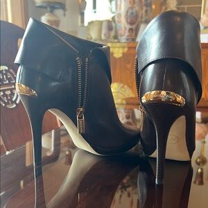 Michael Kors Black Leather High-Heel Ankle Booties with Gold Trim